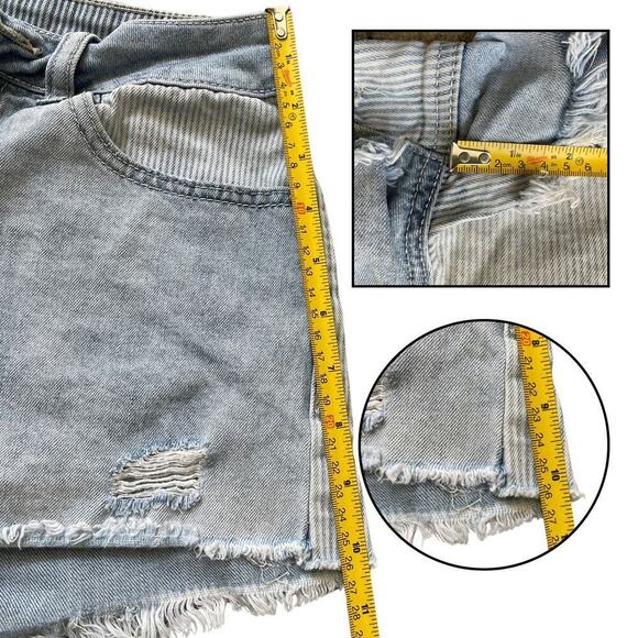 Rewash Size 3/26 High Rise Denim Shorts | Patchwork Striped, Distressed, Raw Hem - Picture 4 of 4